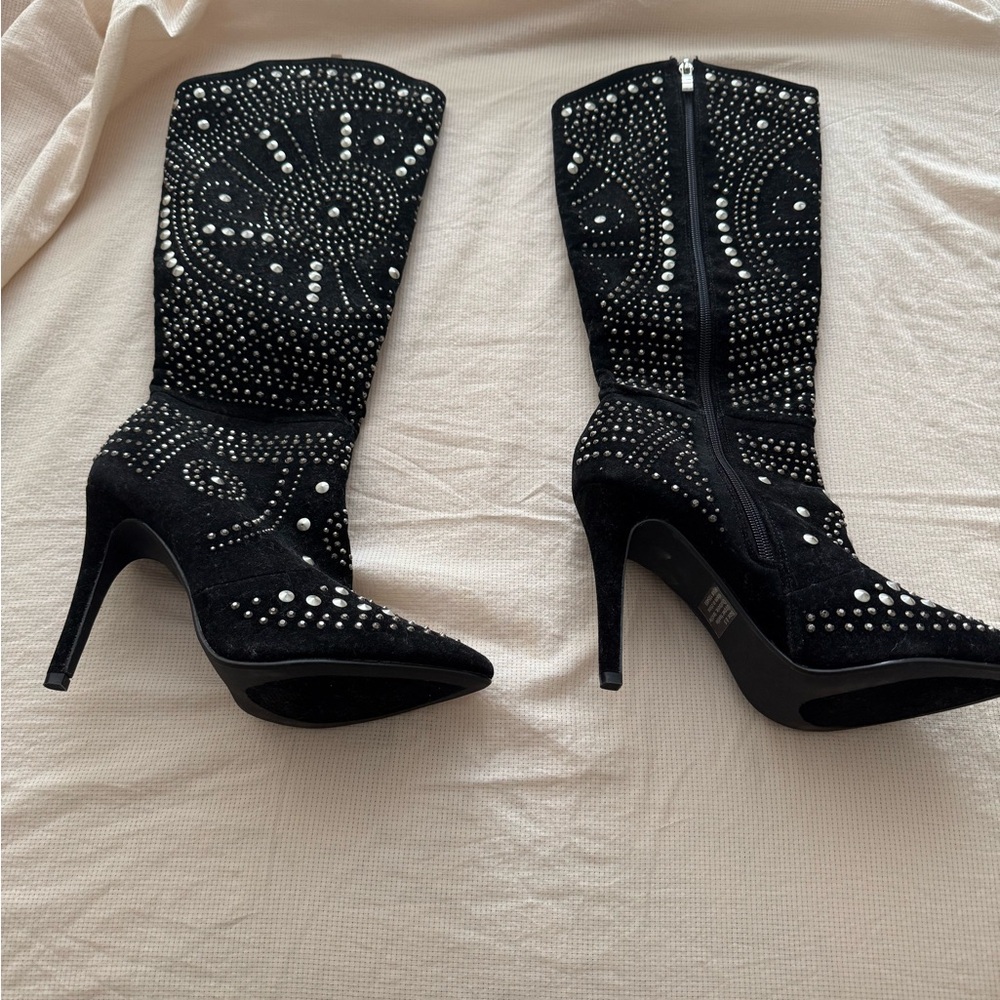 Black Studded Suede Stiletto Mid-Calf Boots